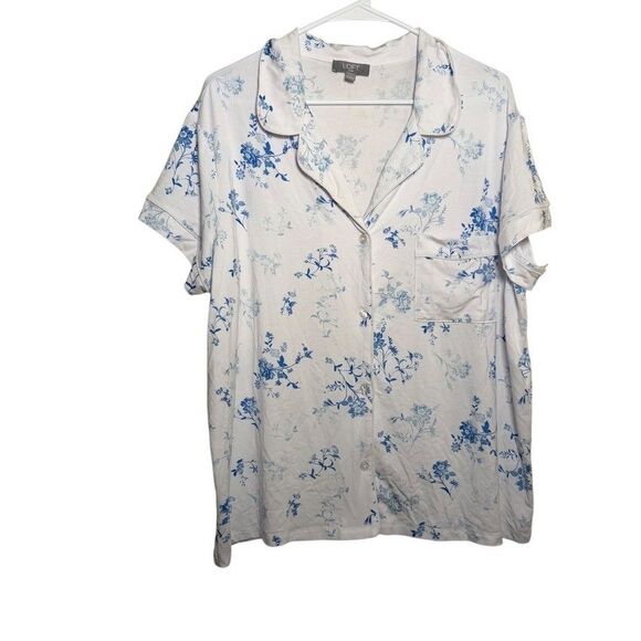 Loft Pajama Top Women's XL Blue Floral Button Up Collared Short Sleeve - Picture 1 of 9